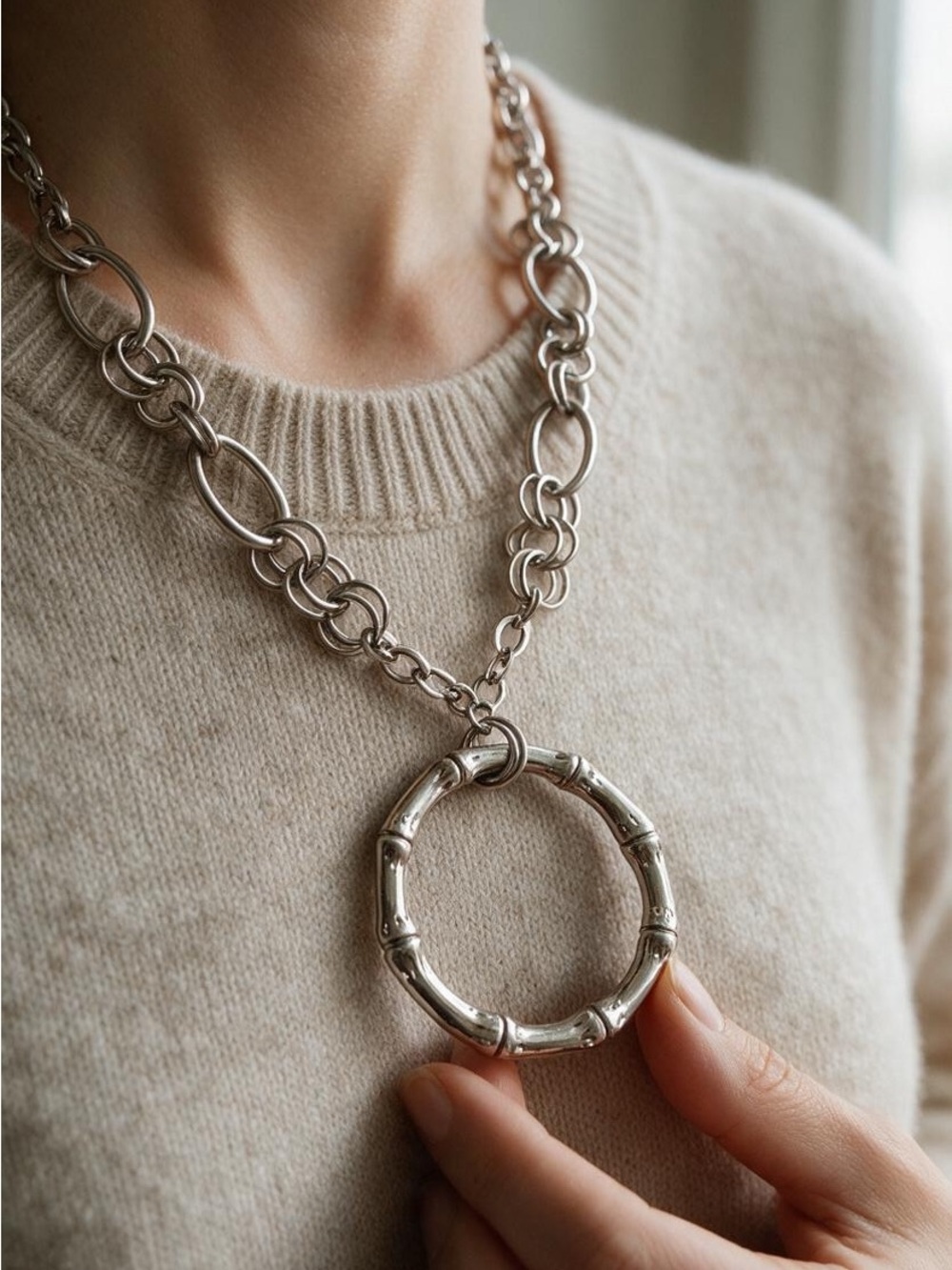 Express Silver Bamboo Circle Pendant Chain Necklace